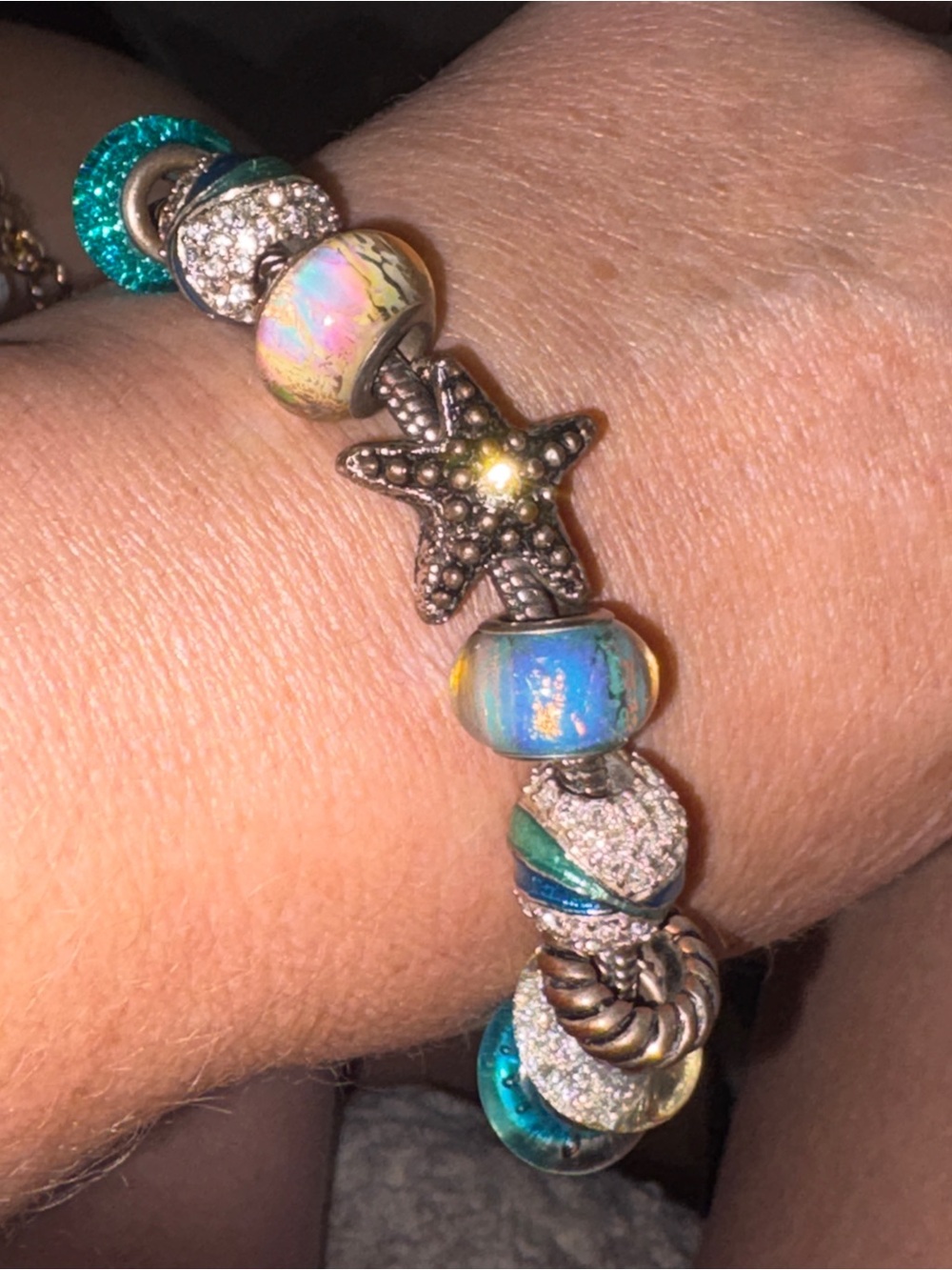 Silvertone Starfish Charm w/Crystal Bracelet w/Blue-Green Murano Glass Beads